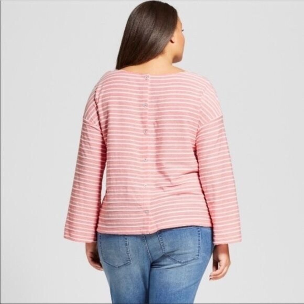 A New Day Plus Size Coral Striped Back Button Oversized Trumpet Sleeve Top - Picture 2 of 9